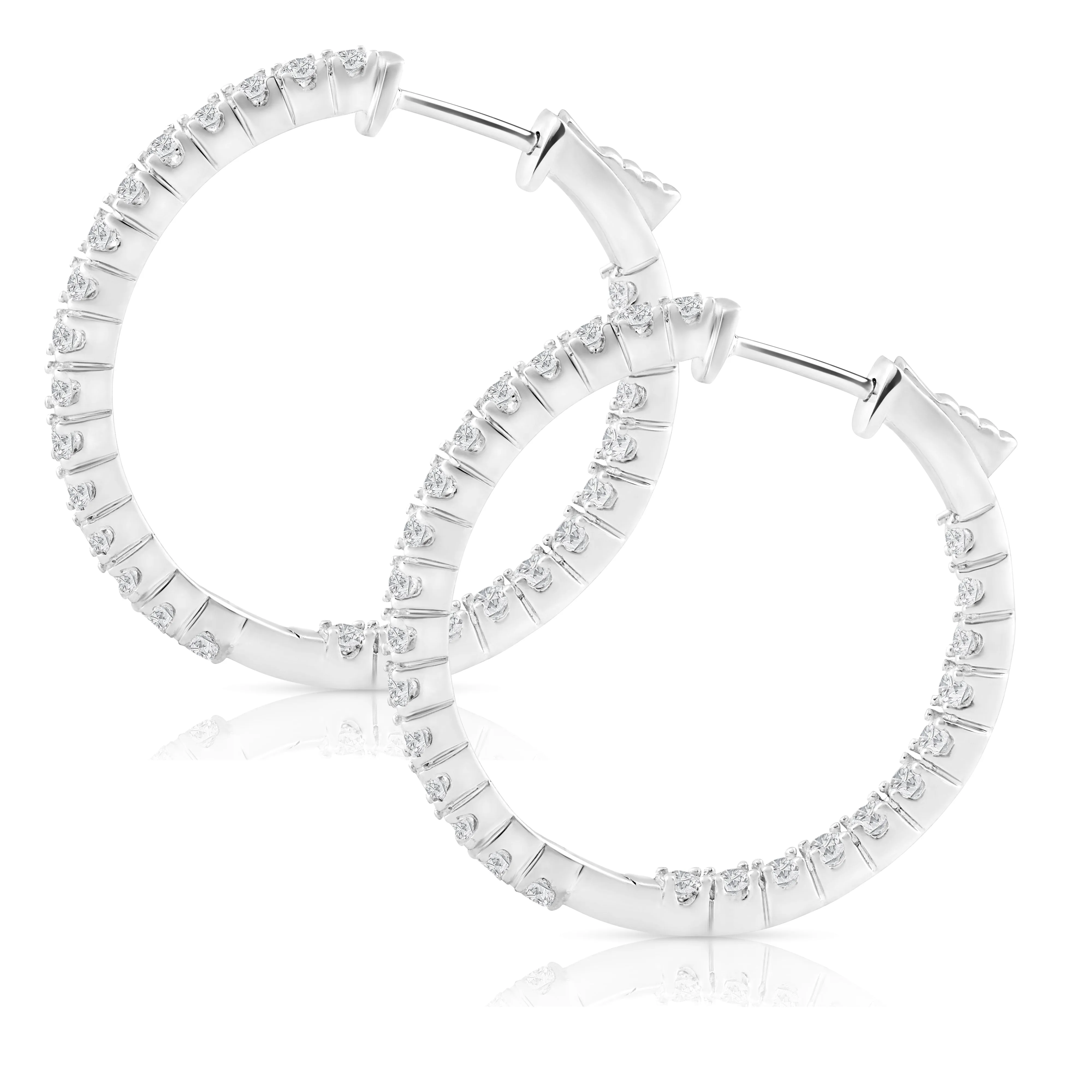 1 1/2 ct Diamond Inside Outside Hoops Vault Lock 1" Tall 14k White Gold