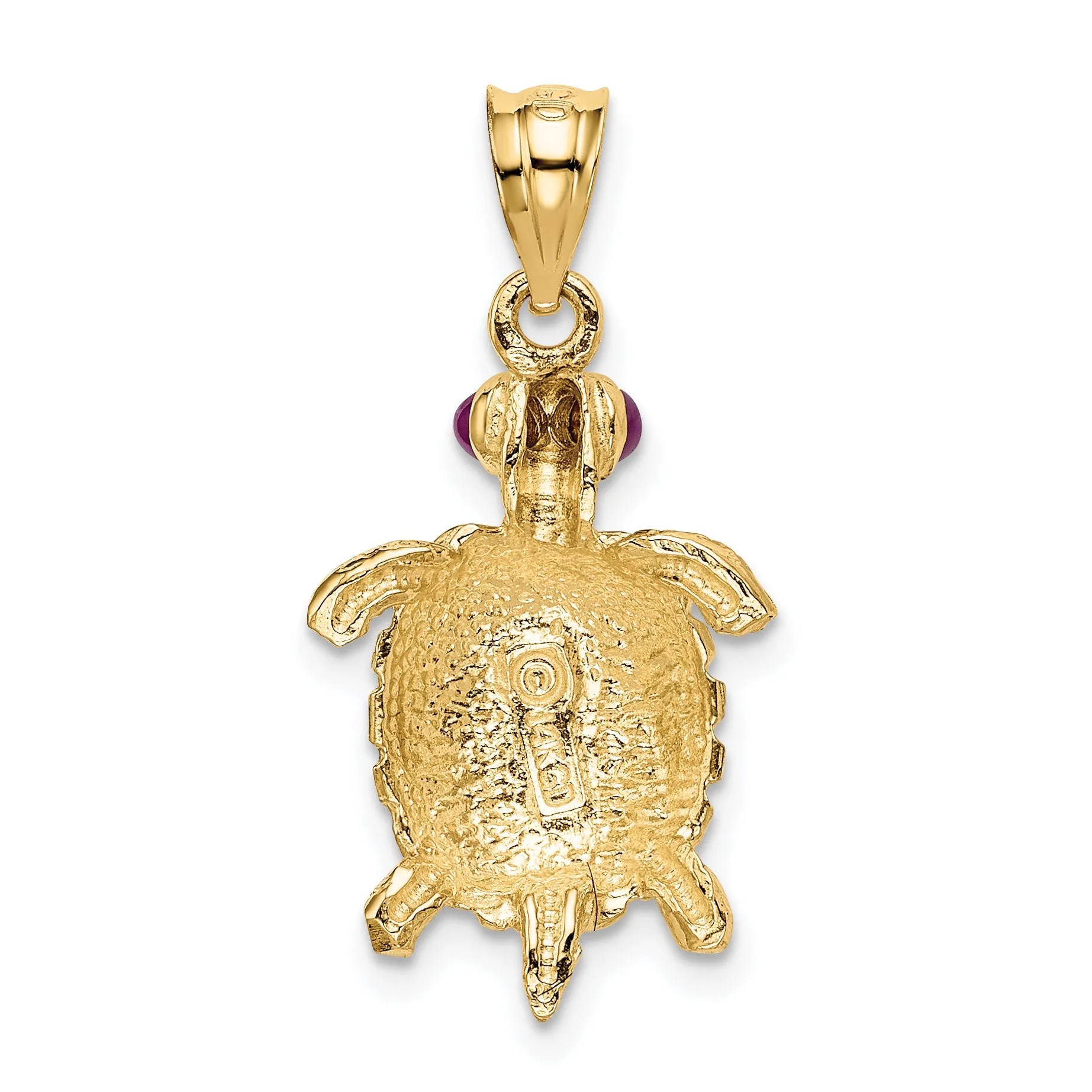 14K Gold Turtle Pendant with Ruby Eyes  Polished & Textured Design