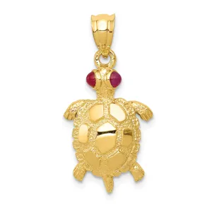 14K Gold Turtle Pendant with Ruby Eyes  Polished & Textured Design