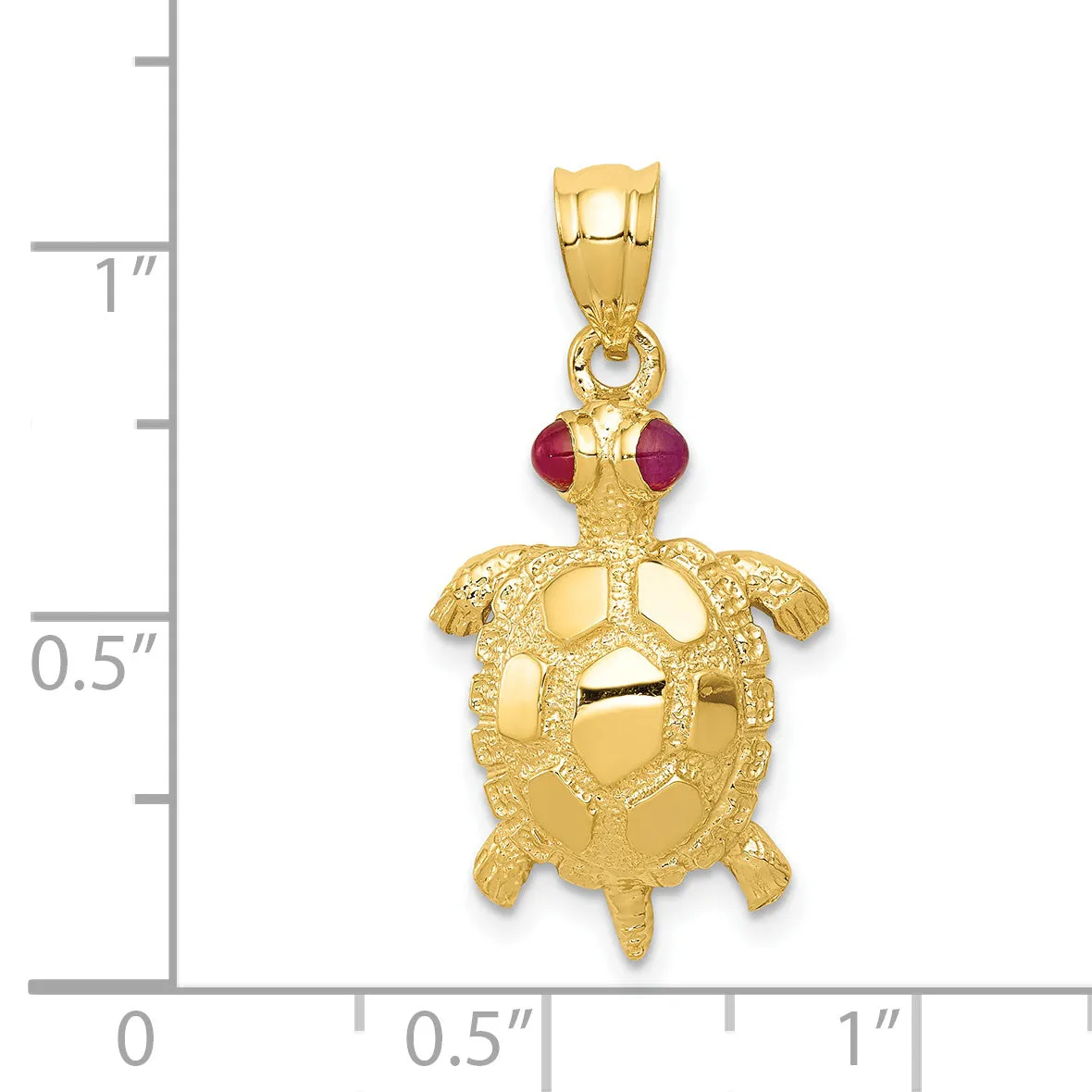 14K Gold Turtle Pendant with Ruby Eyes  Polished & Textured Design