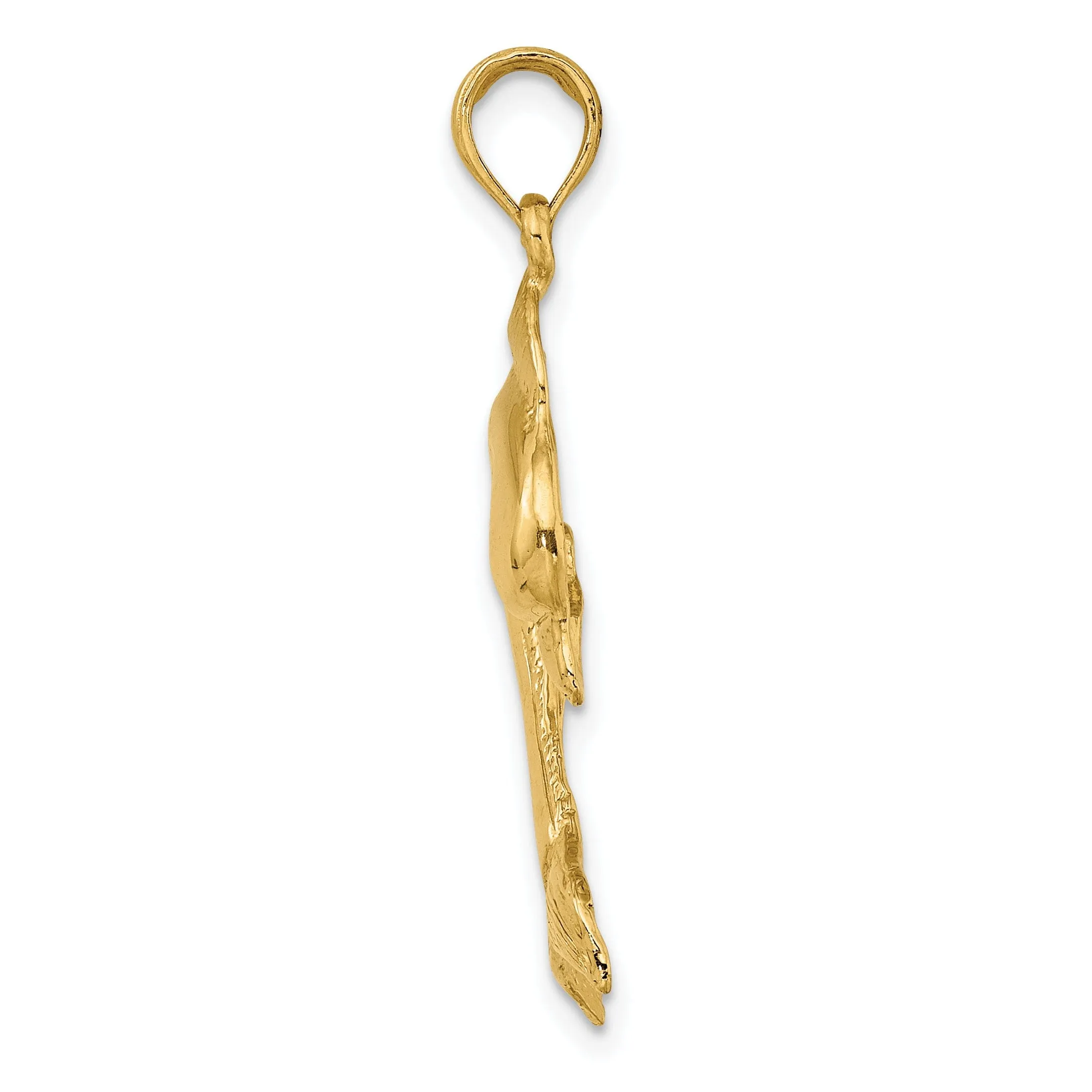 14K Yellow Gold 2-Dimensional Polished Finish Textured Dolphin Jumping Design Charm Pendant