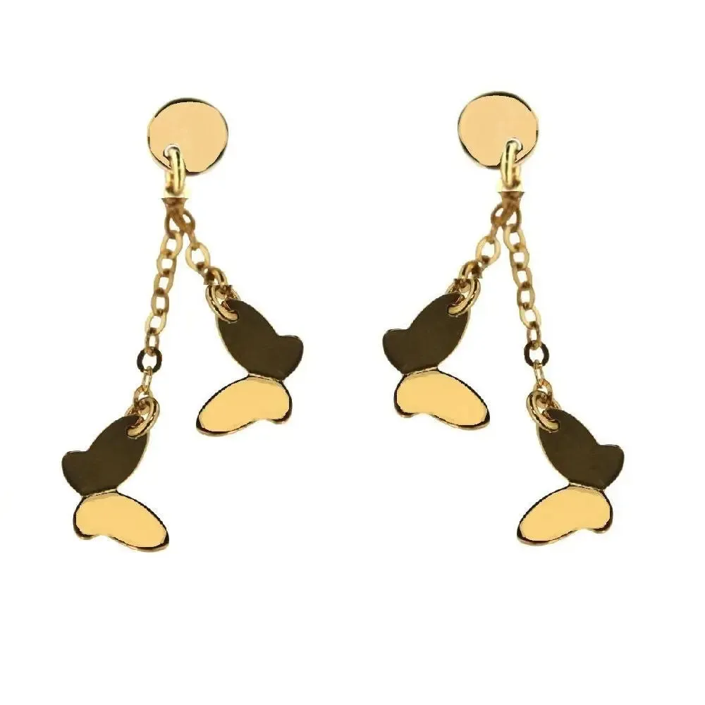 18k Solid Yellow Gold Polished Butterflies Dangle Earings