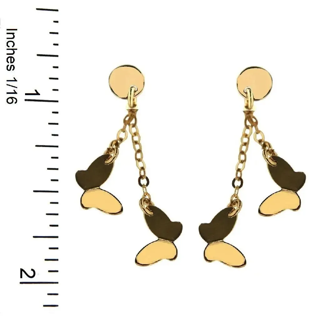 18k Solid Yellow Gold Polished Butterflies Dangle Earings