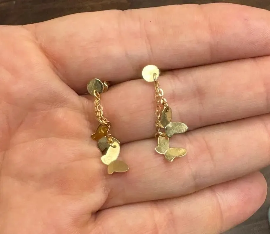 18k Solid Yellow Gold Polished Butterflies Dangle Earings