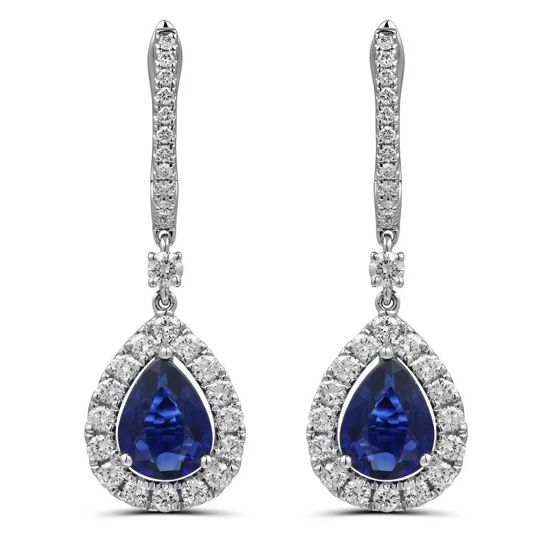 18K White Gold Diamond Hoop Earring with Pear Sapphire with Diamond Halo Dangle