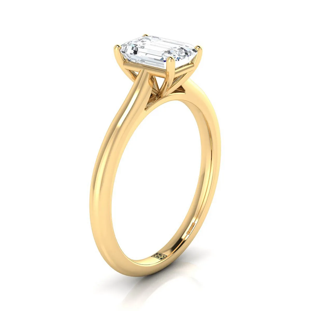 18K Yellow Gold Emerald Cut  Pinched Comfort Fit Claw Prong Solitaire Engagement Ring