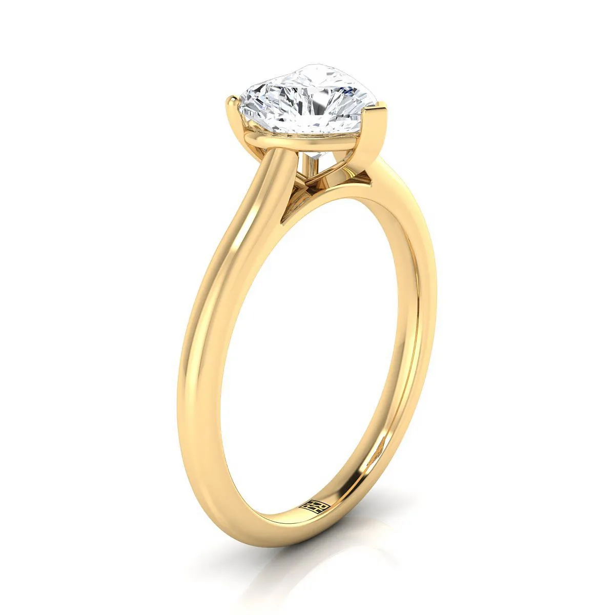 18K Yellow Gold Heart Shape Center  Pinched Comfort Fit Claw Prong Solitaire Engagement Ring