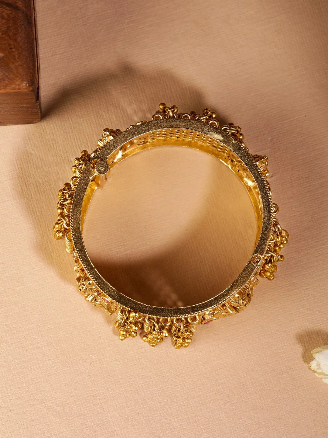 22KT Gold Plated Ghungroo Red Stone Studded Ganesha Motif Temple Bangle