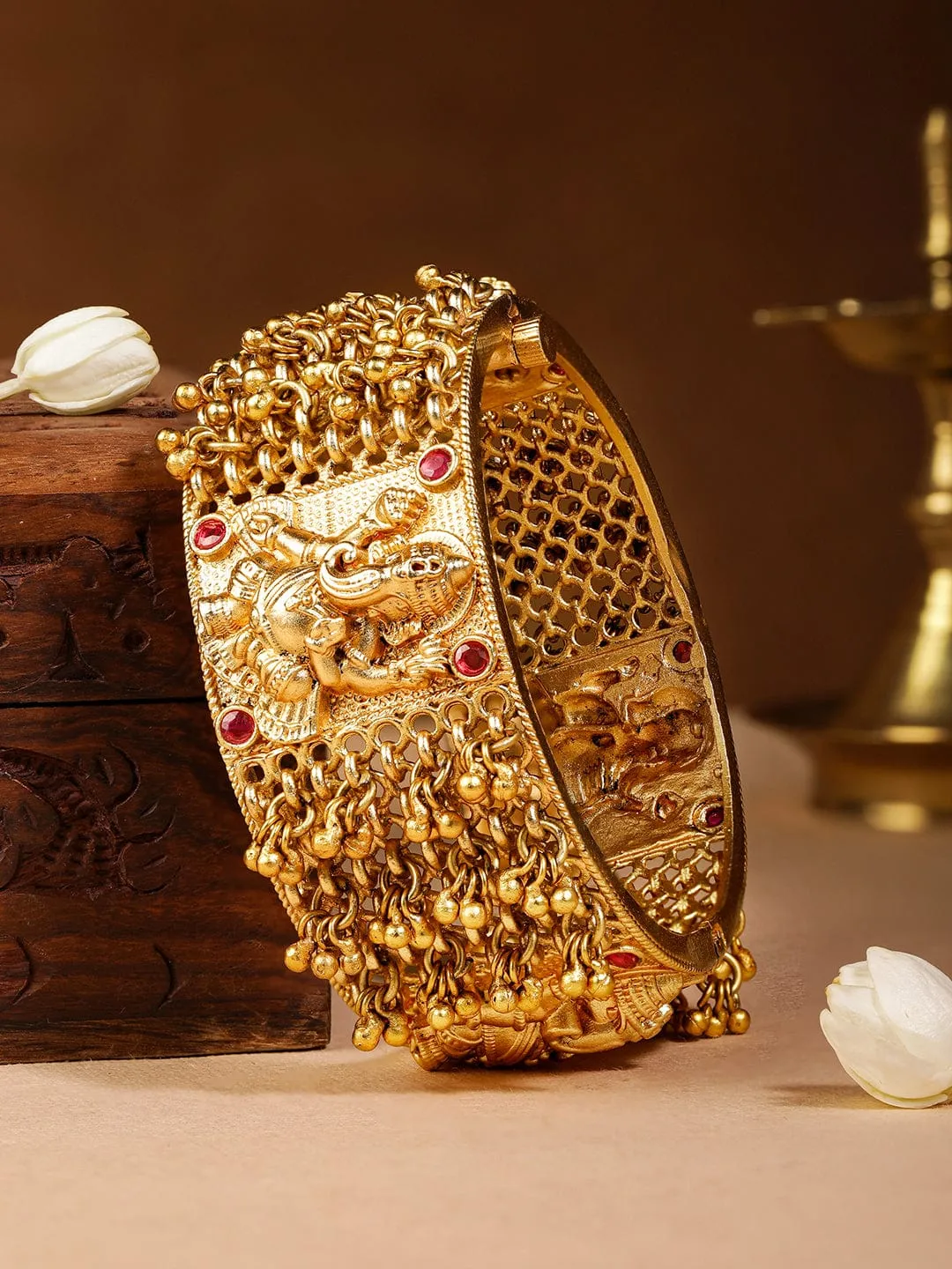 22KT Gold Plated Ghungroo Red Stone Studded Ganesha Motif Temple Bangle