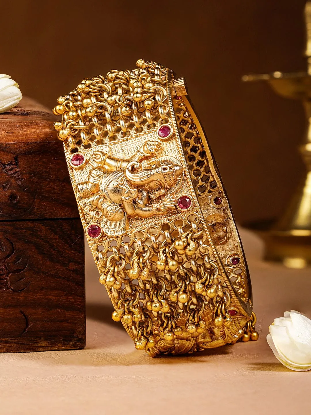 22KT Gold Plated Ghungroo Red Stone Studded Ganesha Motif Temple Bangle