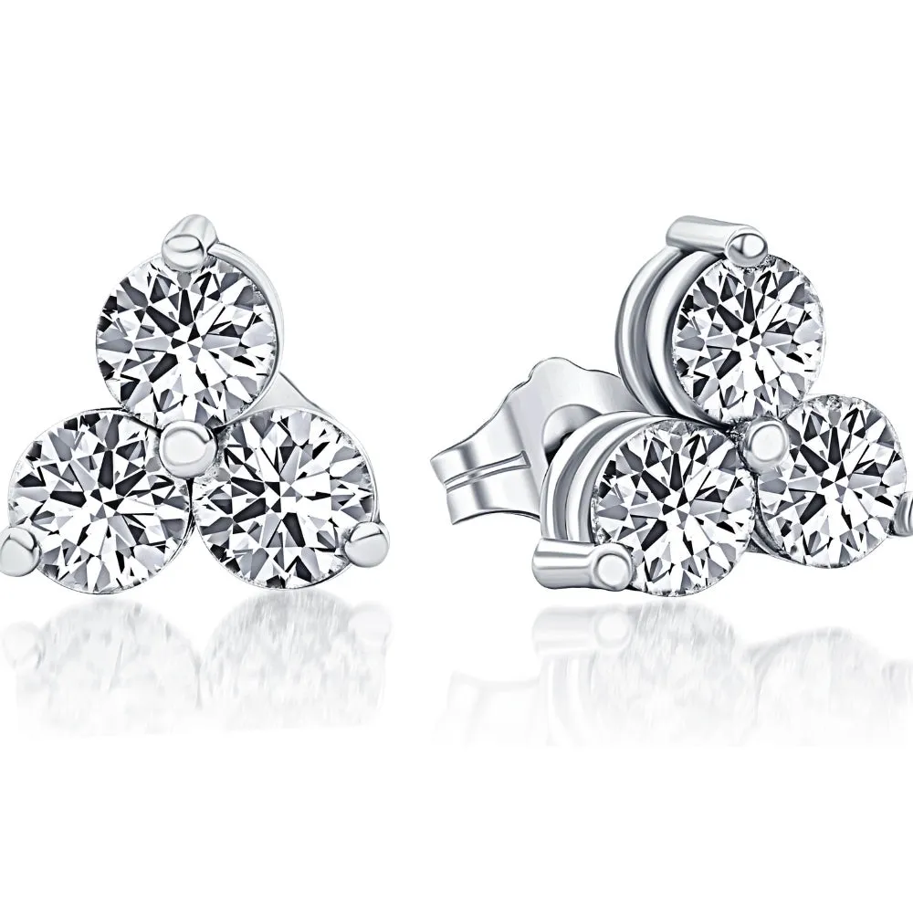 2ct Three Stone Diamond Studs 14K White Gold