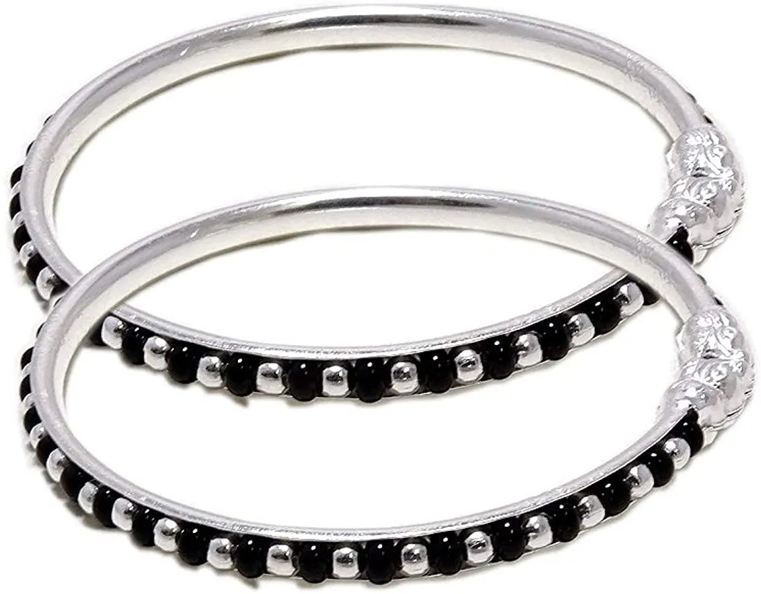 925 Black beaded Silver Bangle Set For 3 To 4 Years  Kids (Design 2)