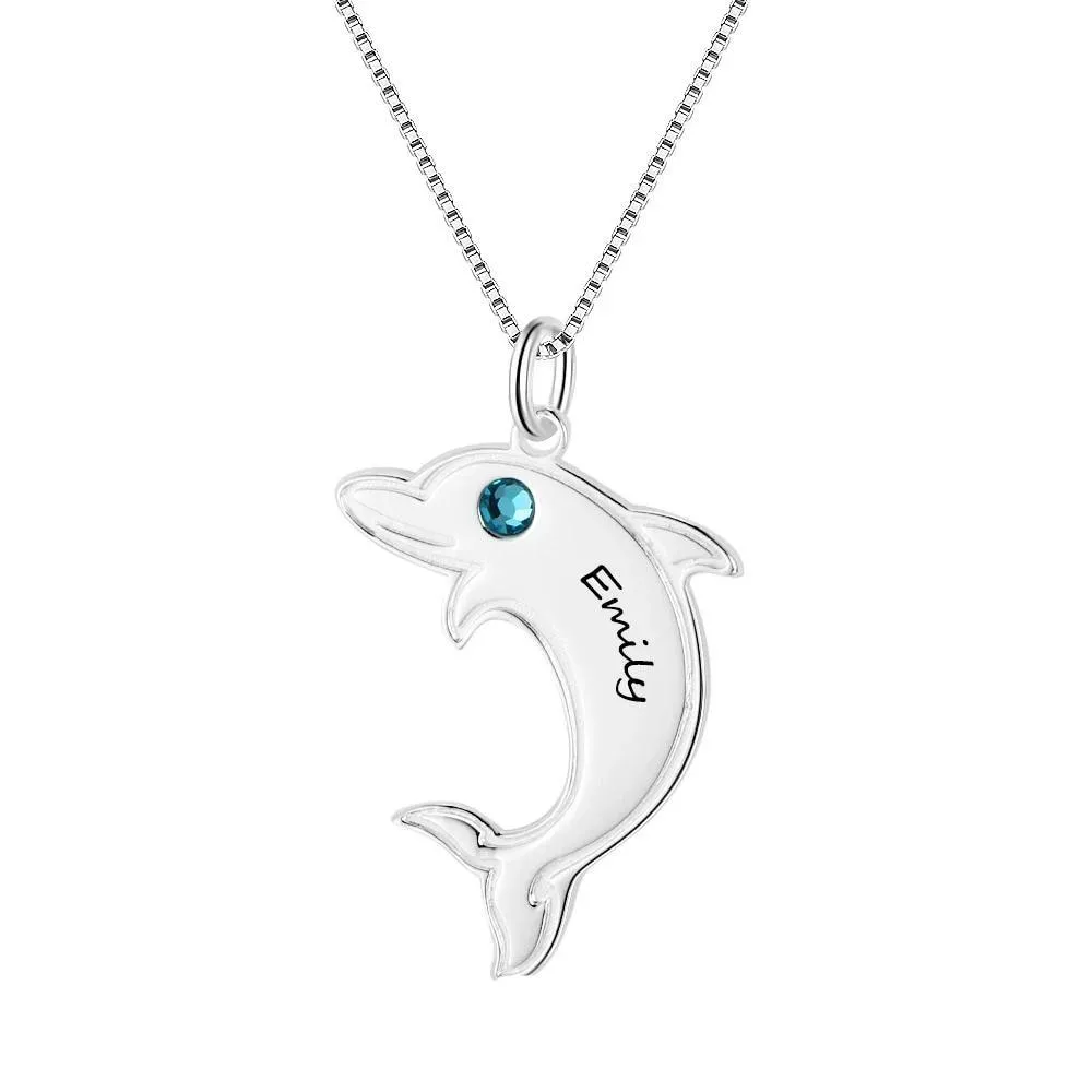 925 Sterling Silver Dolphin Shape Name & Birthstone Personalized Pendant Necklaces for Women