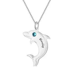 925 Sterling Silver Dolphin Shape Name & Birthstone Personalized Pendant Necklaces for Women