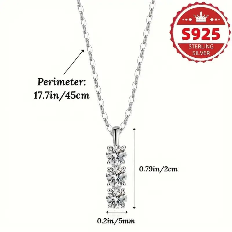925 Sterling Silver Necklace Three Vertical Synthetic Zirconia Pendants