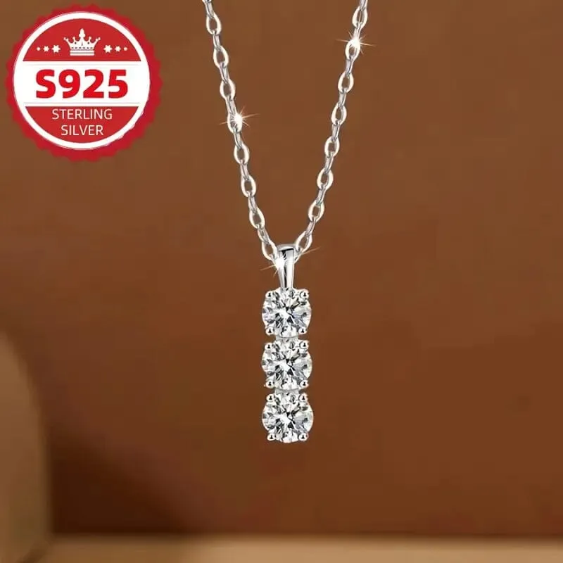 925 Sterling Silver Necklace Three Vertical Synthetic Zirconia Pendants
