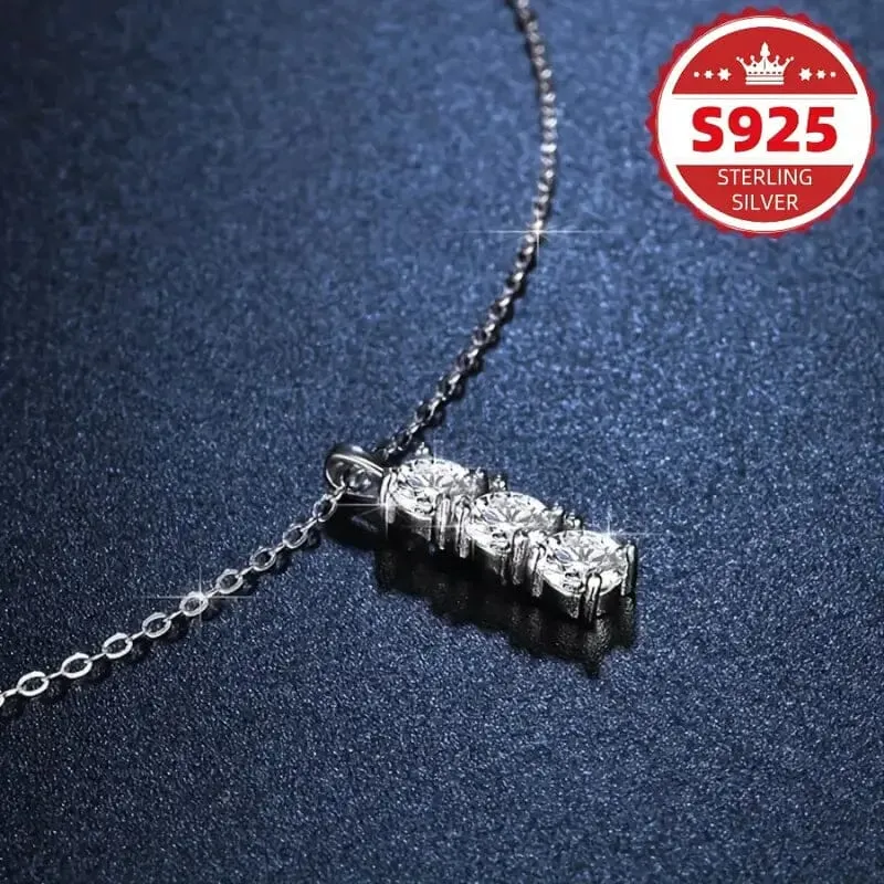 925 Sterling Silver Necklace Three Vertical Synthetic Zirconia Pendants