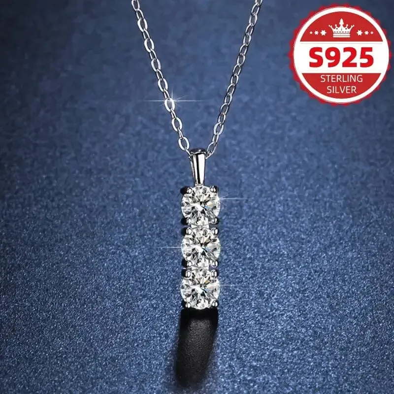 925 Sterling Silver Necklace Three Vertical Synthetic Zirconia Pendants