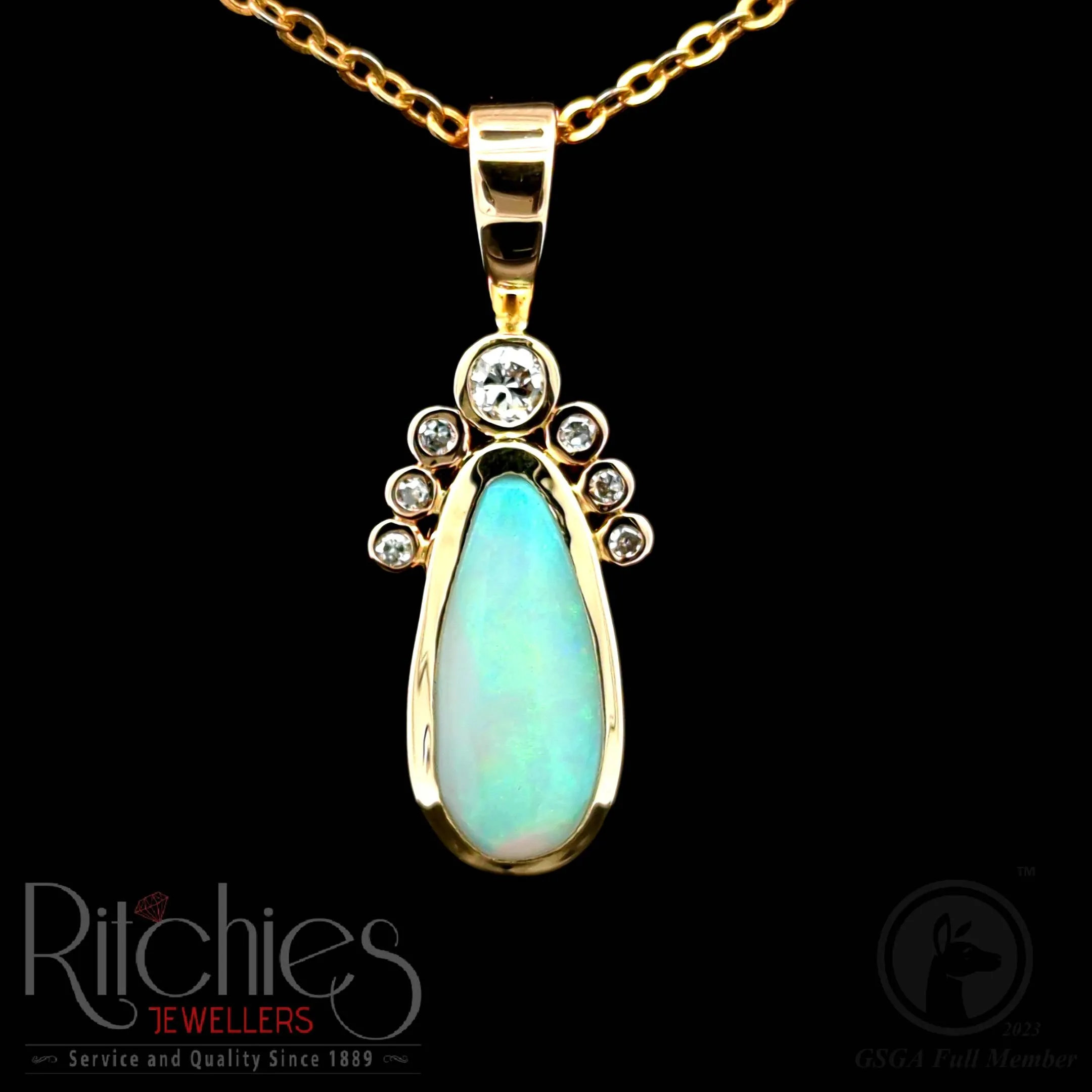 9ct Yellow Gold Opal and Diamond Pendant