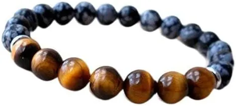 AAA   Rare Quality Mens Buddhist Protection Bracelet, Mens Strength Bracelet, Healing Jewelry, Prayer Beads, Mala Bracelet - Snowflake Obsidian, Tigers Eye 5mm Code- WAR6850