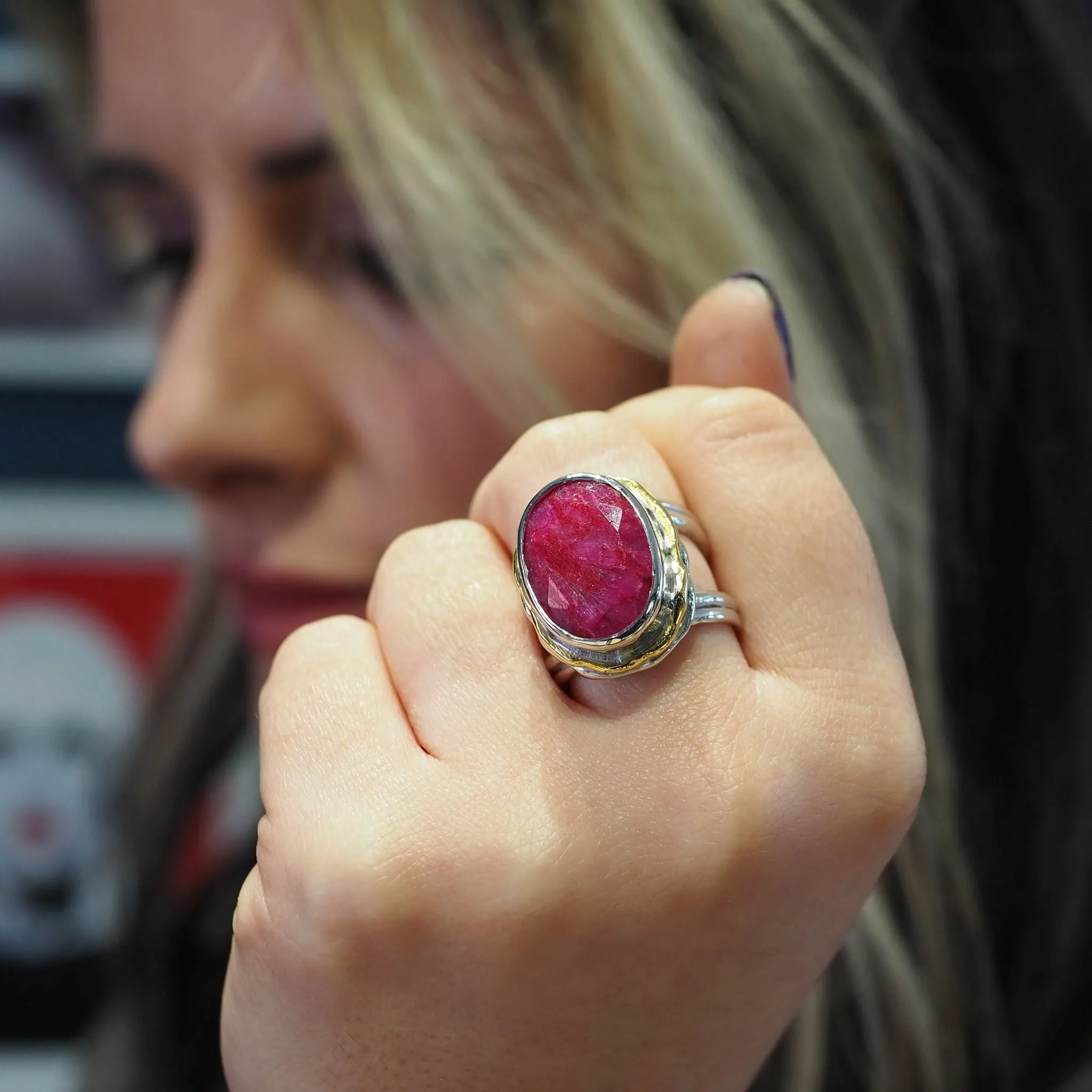 Adjustable Magnolia Ring in silver gold & various gemstones