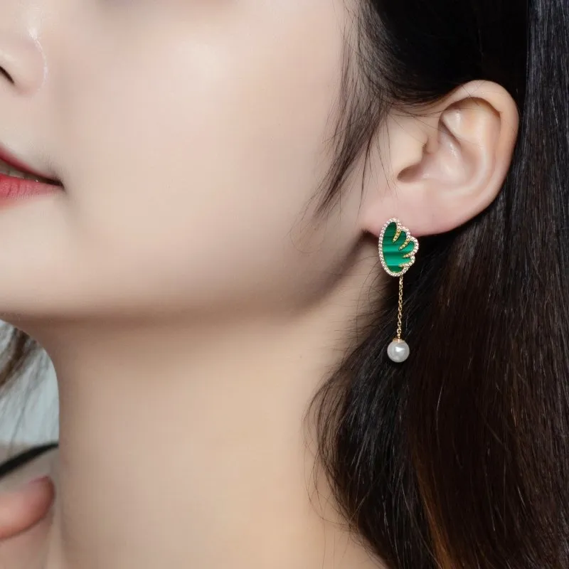 Angel Wings Malachite Earrings With Pearl Charm