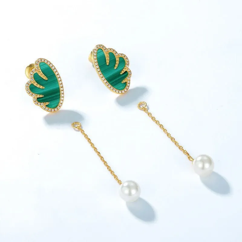 Angel Wings Malachite Earrings With Pearl Charm