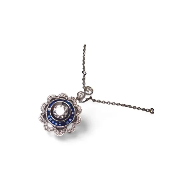 Antique Estate 18K White Gold Diamond Sapphire Pendant Necklace Earrings Set