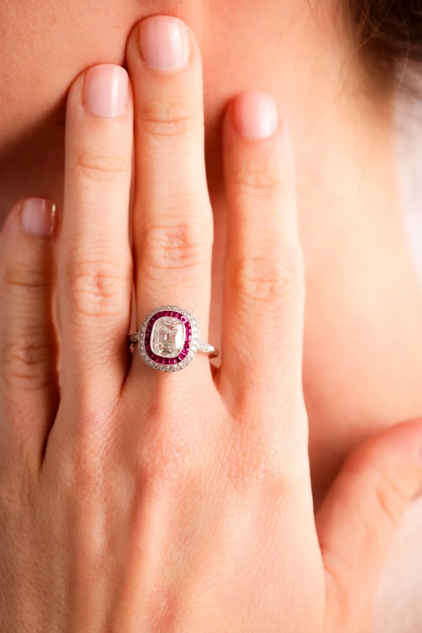 Art Deco Inspired 1.24 Carat Diamond Ruby Platinum Target Ring