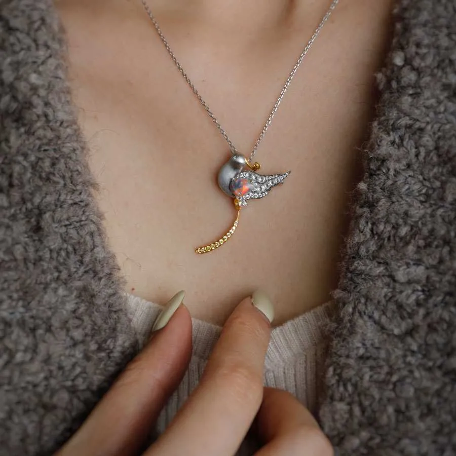 Baby Phoenix - Black Opal, Diamond, Sapphire Pendant Brooch 18K Gold