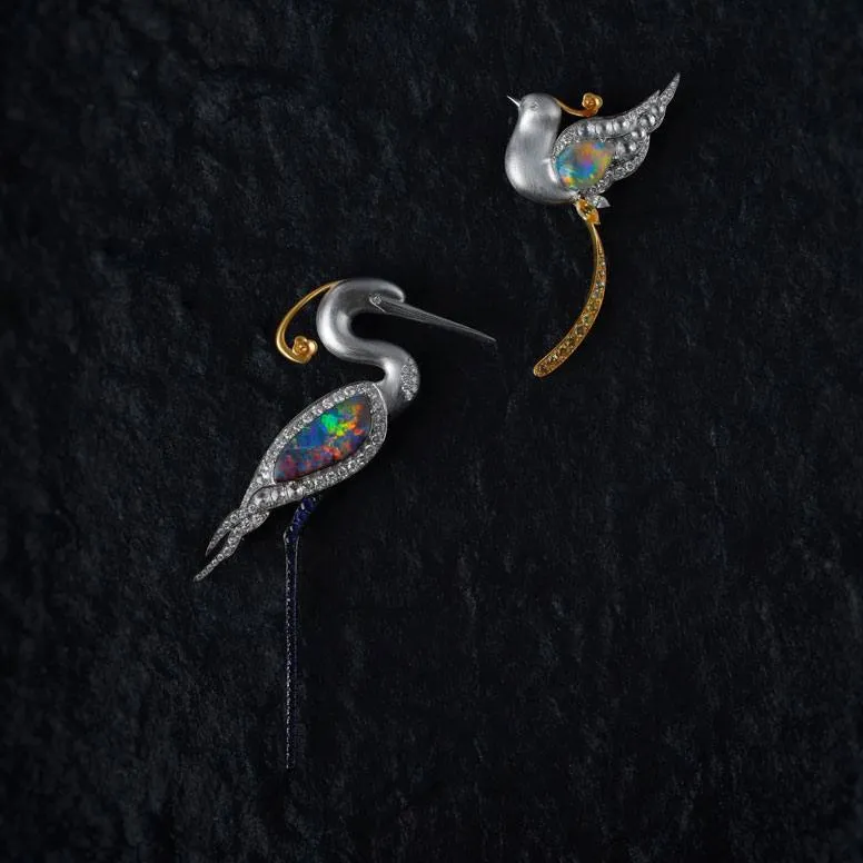 Baby Phoenix - Black Opal, Diamond, Sapphire Pendant Brooch 18K Gold