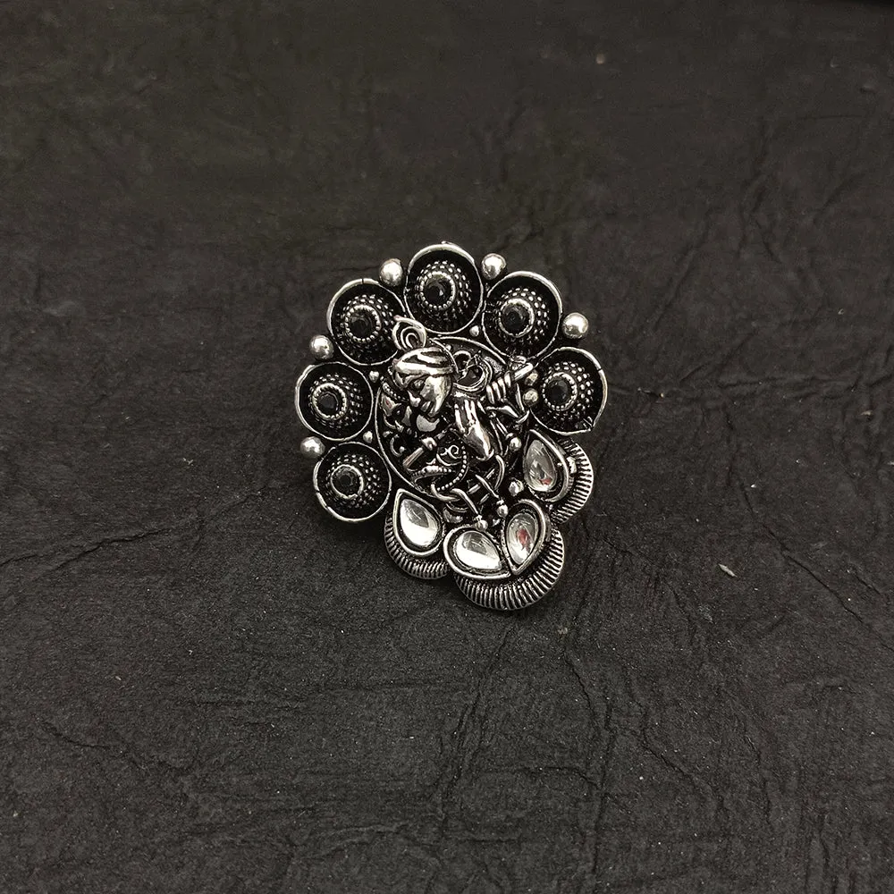 Bhavi Jewels Oxidised Plated Temple Adjustable Ring