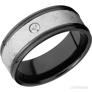 Black Zirconium flat band with milgrained grooved edges, a meteorite inlay and a diamond bezel set - 9MM