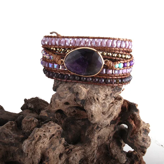 Boho Bracelet, RH 5 Layers Leather Wrap Bracelet, Natural Stones, Crystal Silver