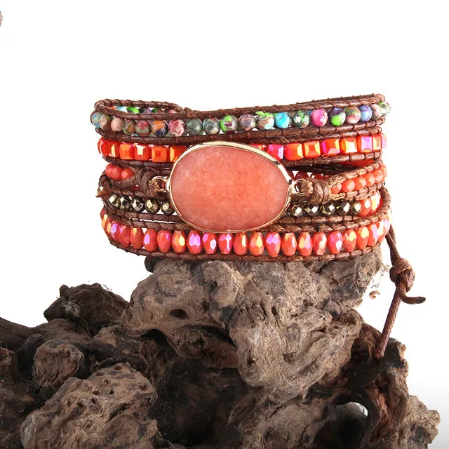 Boho Bracelet, RH 5 Layers Leather Wrap Bracelet, Natural Stones, Crystal Silver