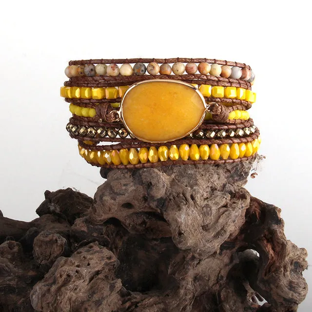 Boho Bracelet, RH 5 Layers Leather Wrap Bracelet, Natural Stones, Crystal Silver