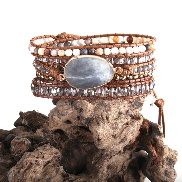 Boho Bracelet, RH 5 Layers Leather Wrap Bracelet, Natural Stones, Crystal Silver