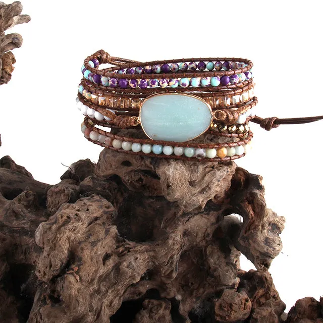 Boho Bracelet, RH 5 Layers Leather Wrap Bracelet, Natural Stones, Crystal Silver