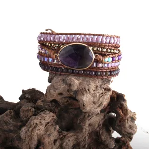 Boho Bracelet, RH 5 Layers Leather Wrap Bracelet, Natural Stones, Crystal Silver