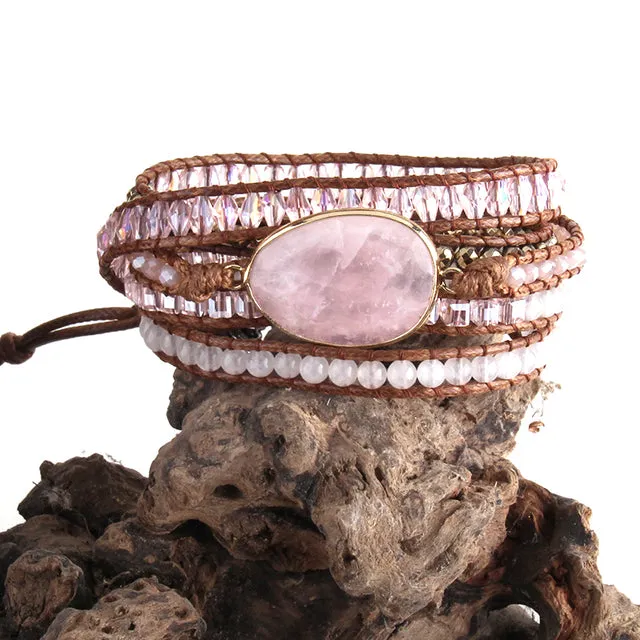 Boho Bracelet, RH 5 Layers Leather Wrap Bracelet, Natural Stones, Crystal Silver