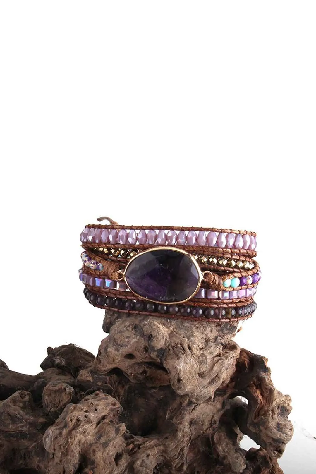 Boho Bracelet, RH 5 Layers Leather Wrap Bracelet, Natural Stones, Crystal Silver