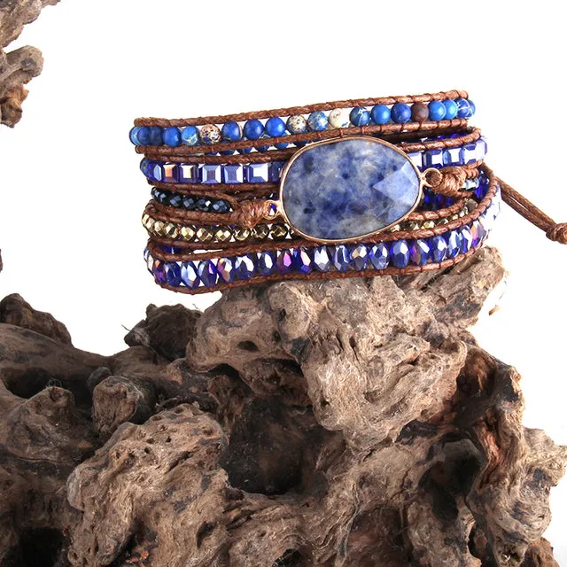Boho Bracelet, RH 5 Layers Leather Wrap Bracelet, Natural Stones, Crystal Silver