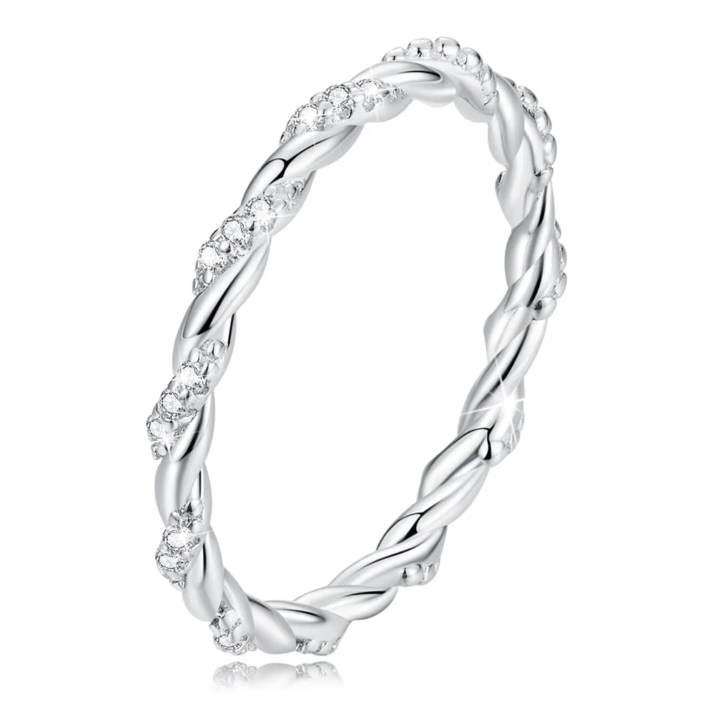 Boxed Solid 925 Signature Silver Twisted Crystal String Ring & Risma Huggie Earrings