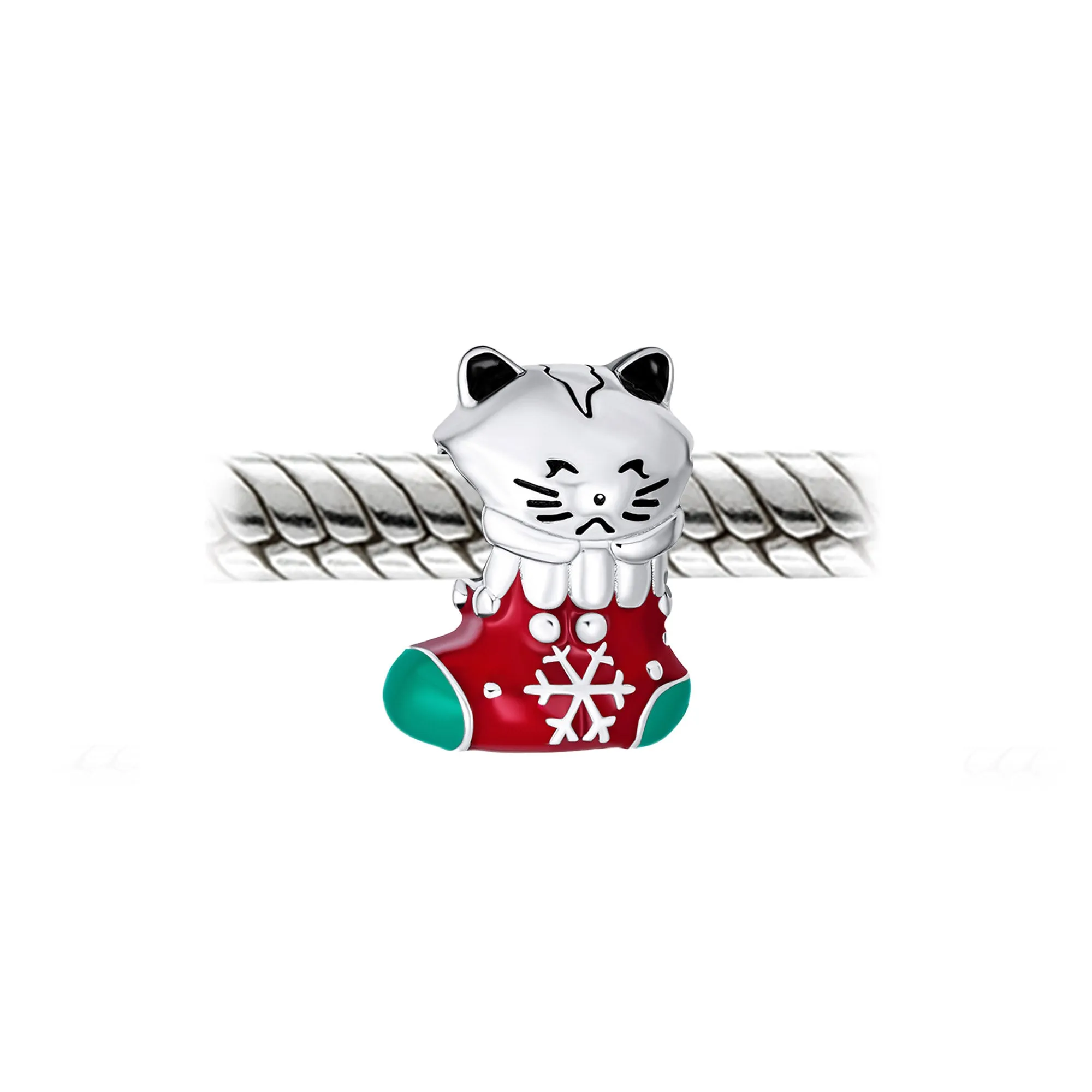 Christmas Charm Bead Kitten Stocking Enamel Sterling Silver for Bracelets