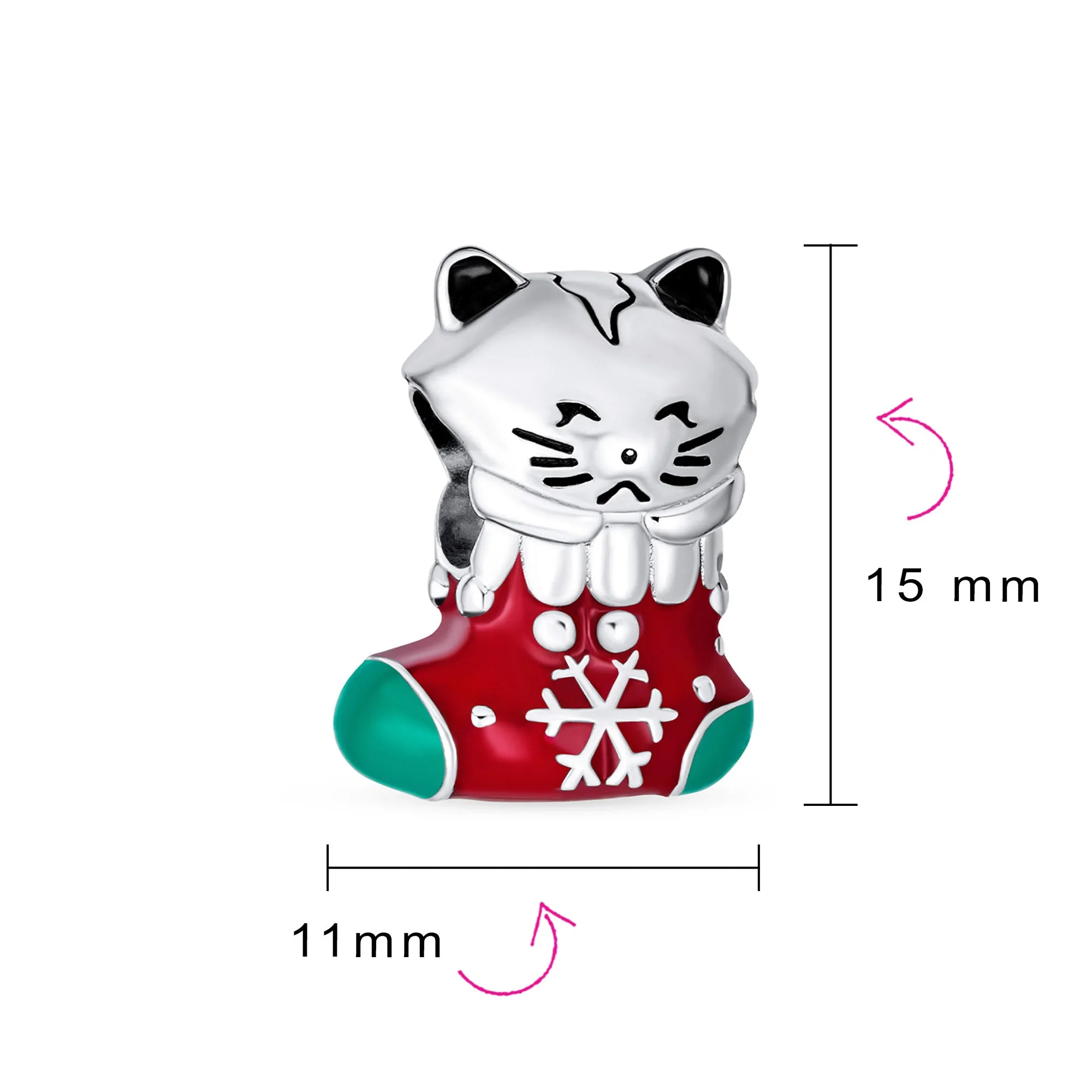 Christmas Charm Bead Kitten Stocking Enamel Sterling Silver for Bracelets