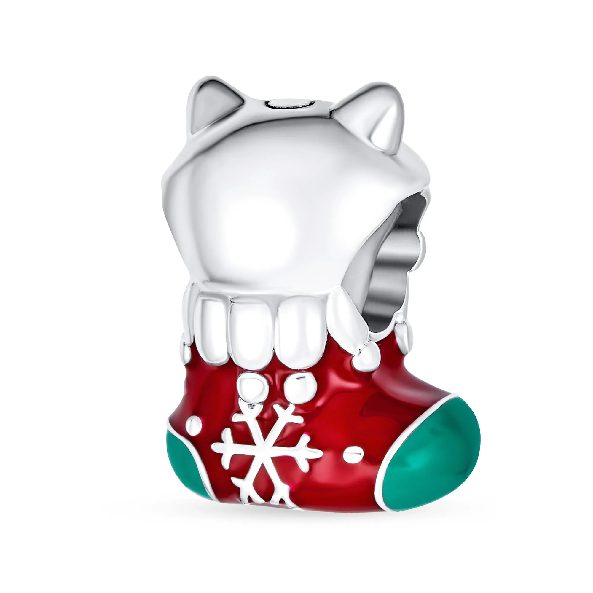 Christmas Charm Bead Kitten Stocking Enamel Sterling Silver for Bracelets