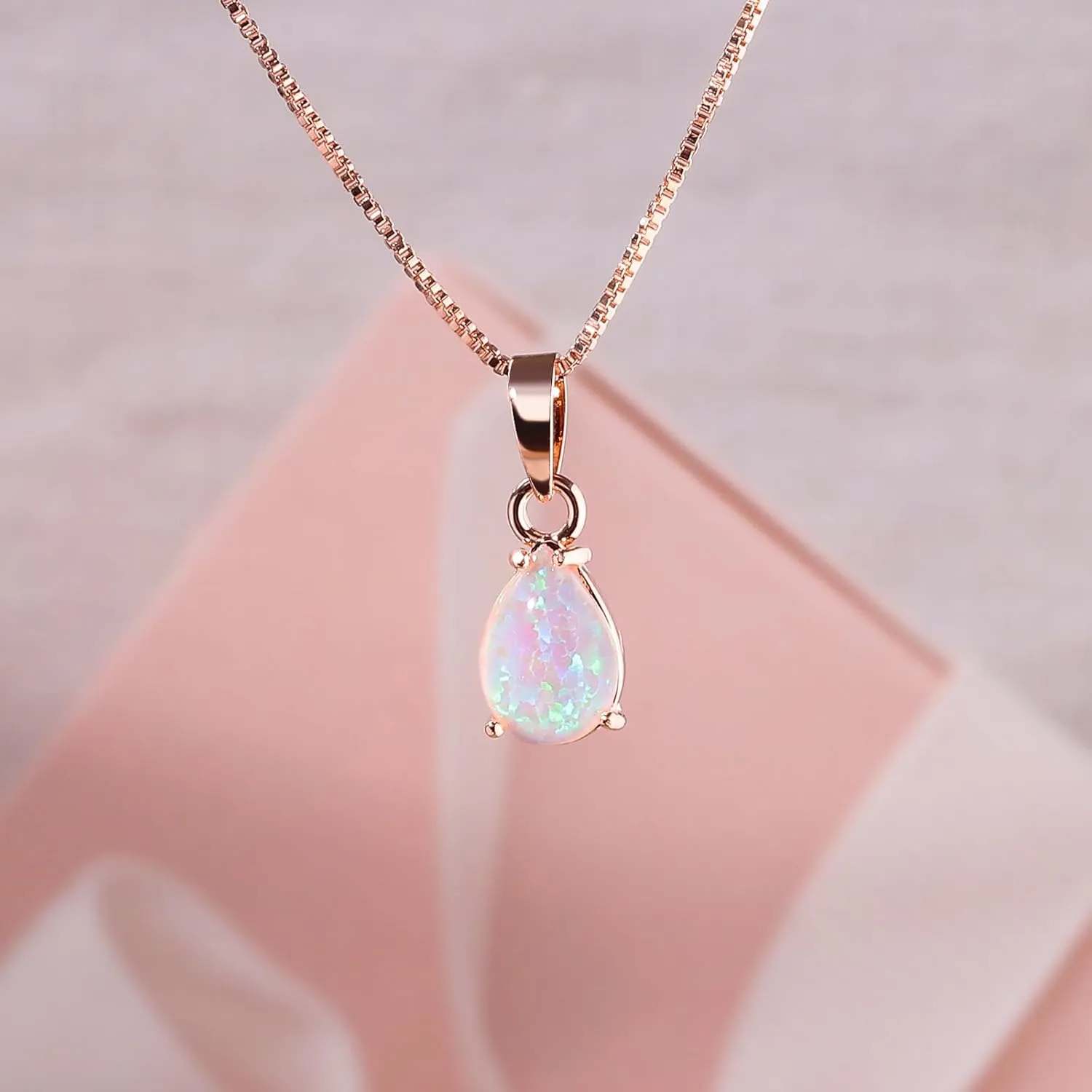 CiNily Opal Pendant Necklace for Women Multi-colored Teardrop Birthstone Necklaces 14K Rose Gold/Gold Plated Dainty Simple Gold Chian Necklace, Birthday Anniversary Wedding Gifts 7x10mm