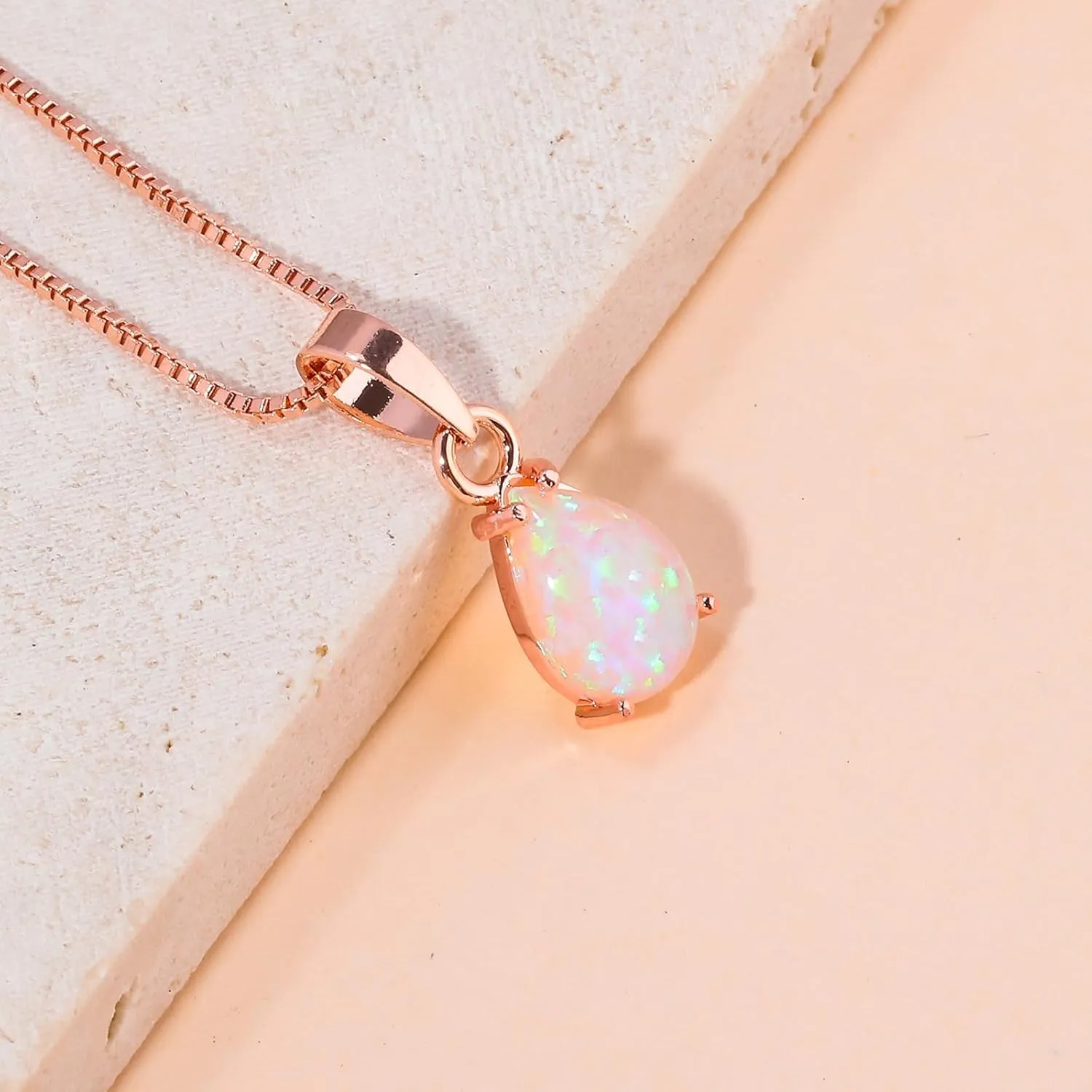 CiNily Opal Pendant Necklace for Women Multi-colored Teardrop Birthstone Necklaces 14K Rose Gold/Gold Plated Dainty Simple Gold Chian Necklace, Birthday Anniversary Wedding Gifts 7x10mm