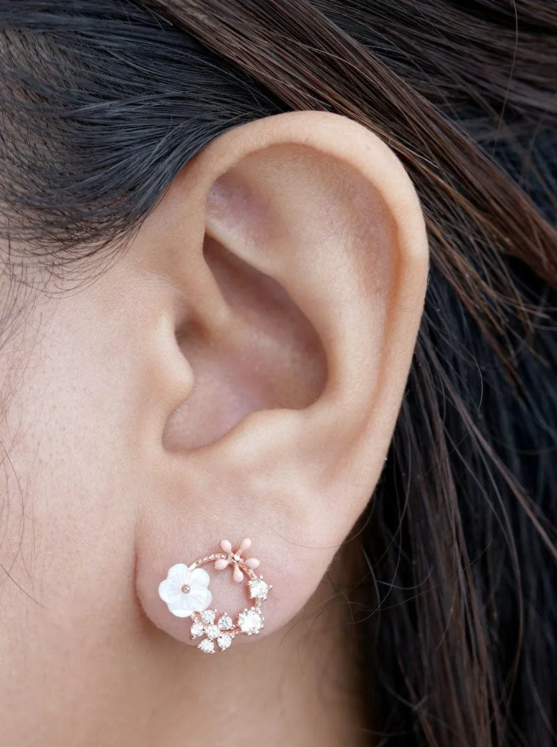 Circle Flower & Floral Butterfly Stud Earrings (Pure Silver)