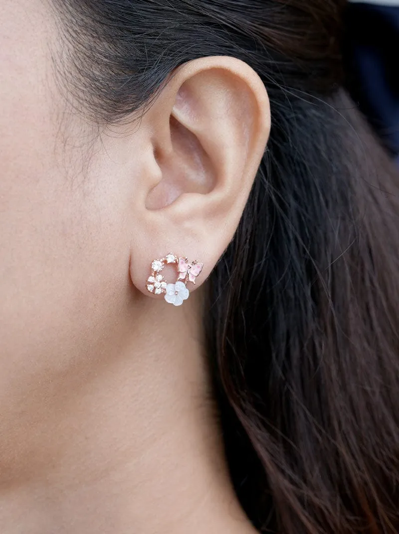 Circle Flower & Floral Butterfly Stud Earrings (Pure Silver)